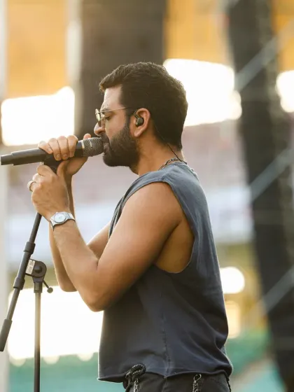 A close-up of The Yellow Diary's vocalist, capturing the passion of their performance as they warmed up the stage for A.R. Rahman.