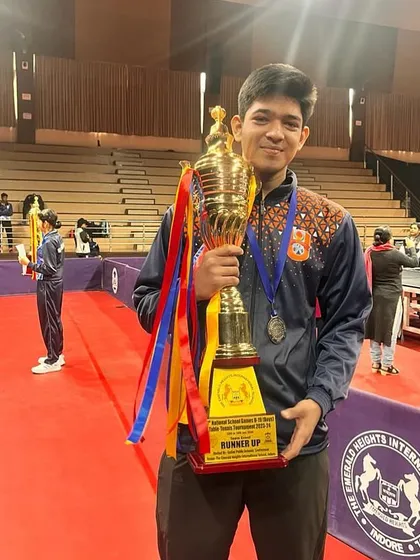Hearty congratulations to our player Swastik Athanikar, holding a large trophy after winning a silver medal in the team championship at the School Games National table tennis tournament.