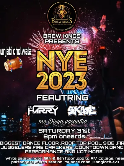 The official flyer for my NYE 2023 event at Brew Kings, which promised a massive party with fire jugglers and more.