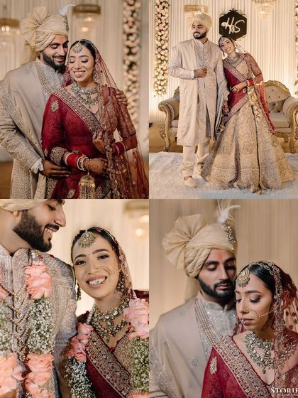 A collage of portraits from Shelly and Shivam's wedding, showing them in both their wedding and reception attire.