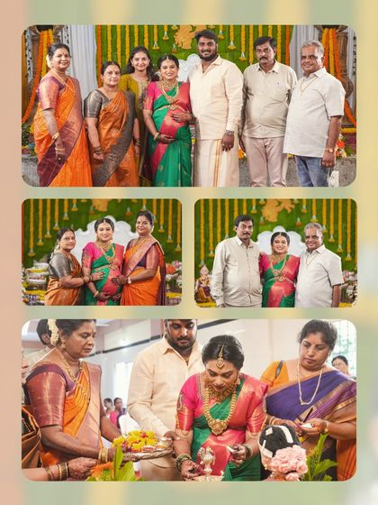 A collage capturing the key moments of a Seemantham (baby shower) ceremony. It shows the mother-to-be receiving blessings from family members, highlighting the importance of community and tradition.