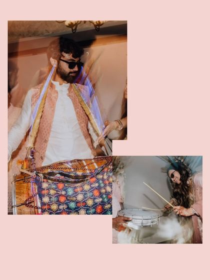 The couple joining in on the music, playing the dhol with infectious energy during their engagement party.