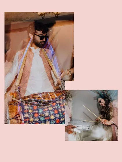 The couple joining in on the music, playing the dhol with infectious energy during their engagement party.