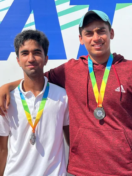 Tejas Ahuja and his partner celebrate reaching the finals at the ITF J30 event in Bahrain. This level of performance on the international junior circuit is a key goal for my high-performance athletes.