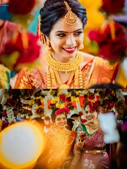 A collage of radiant smiles, capturing the bride's happiness and candid interactions with her friends.