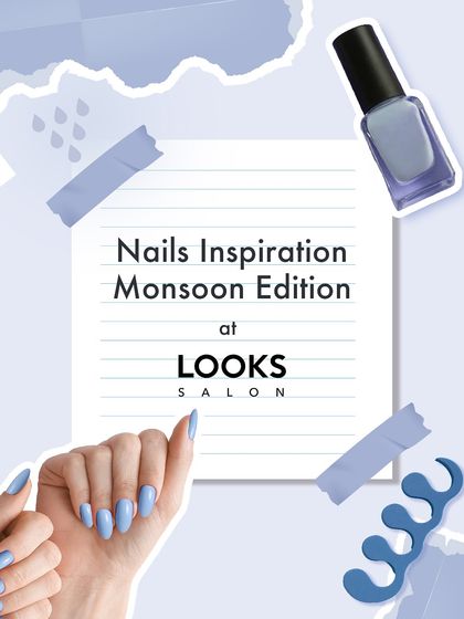 Looking for monsoon nail inspiration? This graphic showcases some of the beautiful, weather-inspired designs I offer, from cloudy skies to cool blue tones.