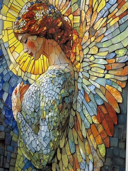 An angelic figure rendered in a beautiful mosaic tile mural. The use of color and light in the design is perfect for creating a serene and uplifting atmosphere.