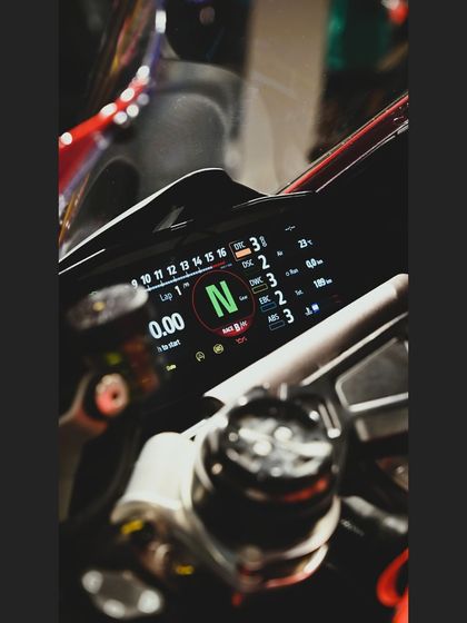 The high-tech digital dashboard of the Ducati Panigale V4, a true race bike for the road.