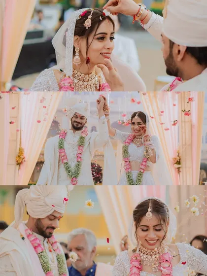 A collage capturing the key moments of a wedding ceremony, from the sindoor application to the couple's happy exit.