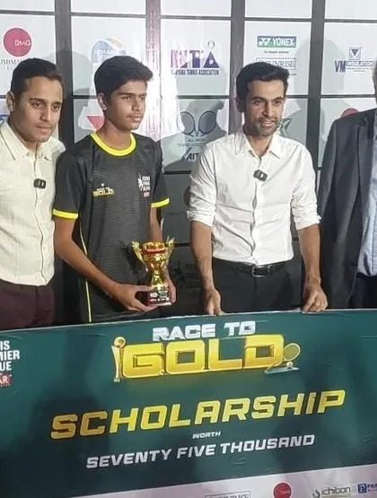 Pranay Sharma receiving his "Race to Gold" scholarship after winning the U14 TPL city finals. A big congratulations to him.