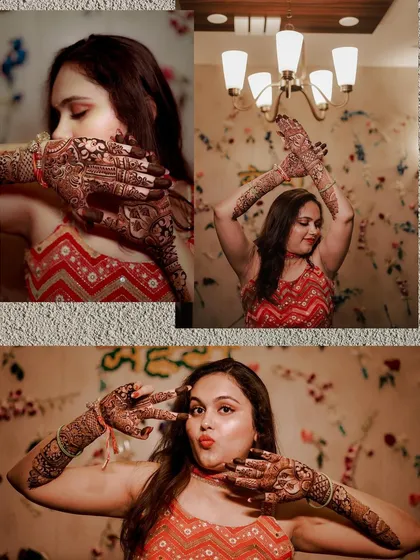 More fun from the Mehndi shoot. This collage shows the bride's playful personality as she shows off her detailed henna, from smelling the fragrance to making fun poses for the camera.