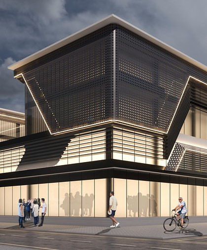 A design concept for an upcoming shopping mall in Dwarka. This proposal uses dark glass and sharp, angular forms with integrated lighting to create a dramatic and modern retail destination.