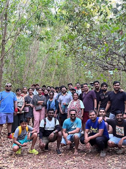 A group photo from our trek through the woods near Gokarna. Our beach trips often include trekking through coastal forests to discover hidden coves and viewpoints.