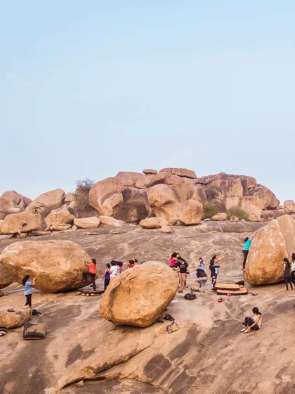 The iconic Hampi landscape, dotted with endless boulders and our community ready to explore them. This was the site of our very first CLAW meetup.