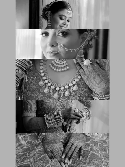 A black and white collage focusing on the beautiful details of the bride's look, from her expressive eyes to her intricate henna and jewelry.