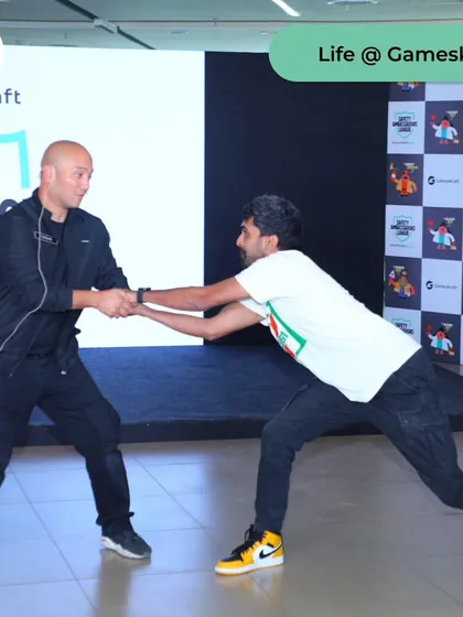 Demonstrating a balance and control technique during a corporate workshop at Gameskraft for their Safety Ambassadors League.