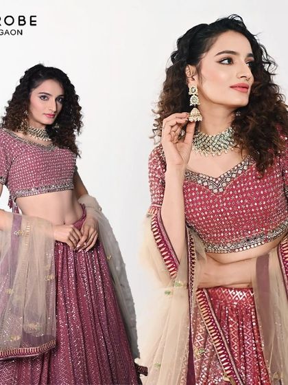 Rent the elegance, own the moment. This client looks stunning in a sequined mauve lehenga, proving you don't need to buy to look your best.
