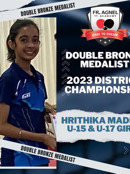 A graphic celebrating Hrithika Madhur's achievement as a double bronze medalist in the U-15 & U-17 Girls events at the 2023 District Championship.