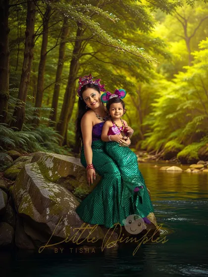 Let's make some magic! This mother-daughter mermaid themed photoshoot in a beautiful outdoor setting is a perfect example of how we can bring your creative ideas to life.