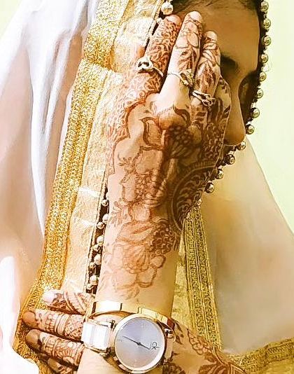 A candid shot of a beautiful henna stain, showing the deep color and intricate design.