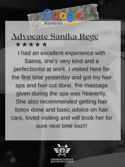 This client loved her first visit for a hair spa and cut, calling the massage "heavenly". She also appreciated the expert recommendation for Hair Botox and advice on hair care.