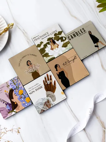 Each illustrated card in this flatlay tells its own story. I styled them with a cup of tea and a soft ribbon on a marble background to create a look that is both aspirational and personal.