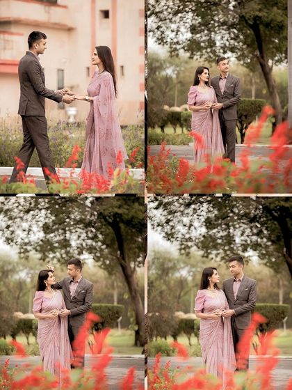 A collage of elegant moments from a pre-wedding shoot in a formal garden setting, showing the couple's romantic connection.