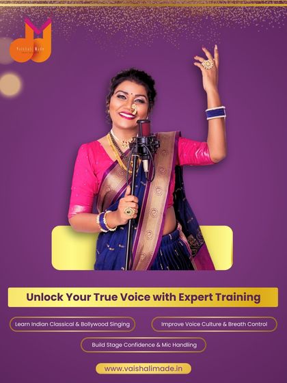 This graphic is a promise to unlock your true voice with expert training. We focus on Indian Classical and Bollywood singing, voice culture, breath control, and building stage confidence.