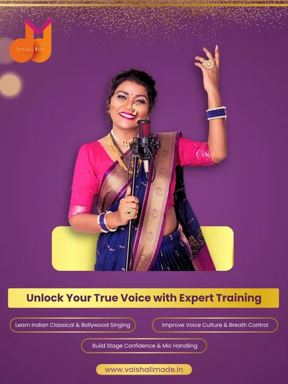 This graphic is a promise to unlock your true voice with expert training. We focus on Indian Classical and Bollywood singing, voice culture, breath control, and building stage confidence.
