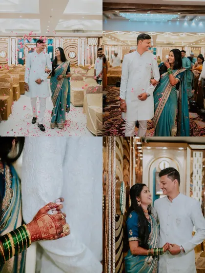 A collage of moments from an engagement ceremony, showing the couple's entrance, holding hands, and sharing a quiet moment.