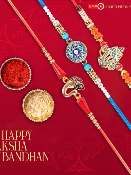 A festive flat-lay for Raksha Bandhan, featuring multiple rakhi designs with traditional elements like roli and chawal. This type of shot is perfect for seasonal marketing campaigns.
