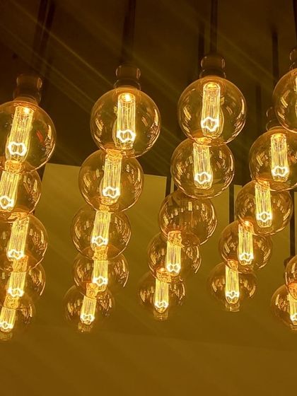 A stunning installation of decorative filament bulbs, creating a warm and inviting ambiance perfect for hospitality and retail environments.