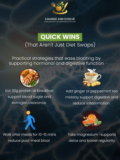Here are some quick wins to ease bloating that aren't just diet swaps. Eating 30g of protein at breakfast, walking after meals, and taking magnesium can all support hormonal and digestive function.