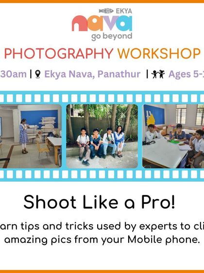 "Shoot Like a Pro!" This poster for my mobile photography workshop invites kids to learn the tips and tricks used by experts to click amazing pictures with just a mobile phone.