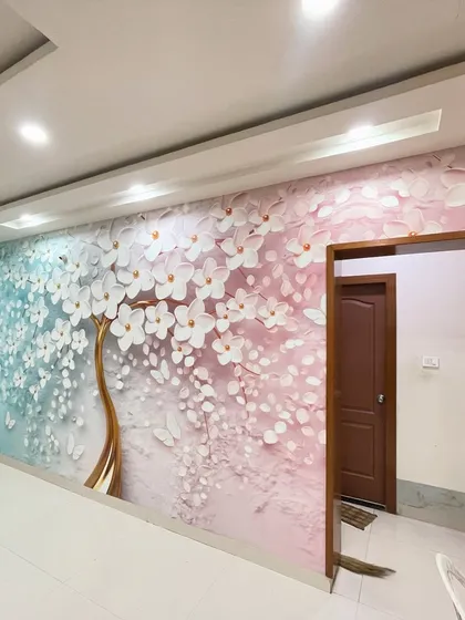 A beautiful hallway featuring our popular 3D flowering tree wallpaper with a pink and blue gradient background.