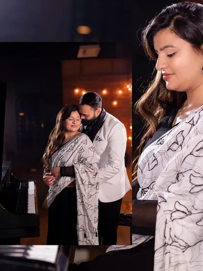 A stylish collage showcasing a couple's romantic moments in our piano room. The warm lighting and elegant attire contribute to the sophisticated feel of the shoot.