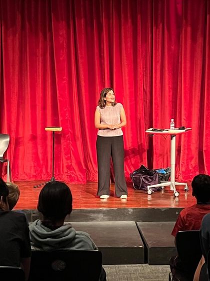 Taking a moment to chat with the students. My stand-up segments are woven between the ventriloquism acts.