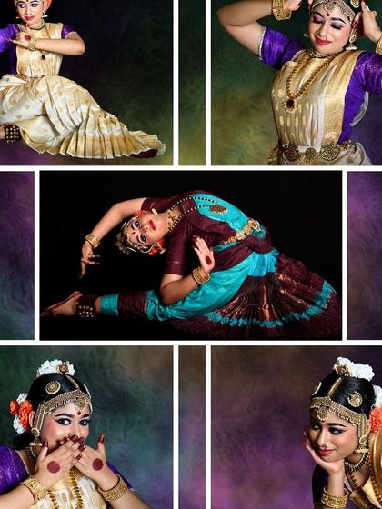 This collection of portraits and poses illustrates the versatility of Bharatanatyam. Our curriculum covers a wide range of expressive techniques and physically demanding postures, building both skill and stamina in our dancers.
