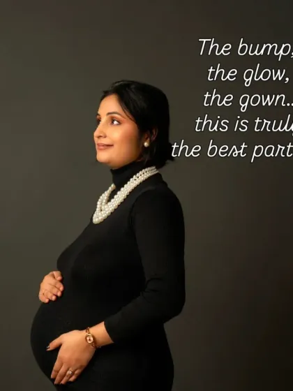 The bump, the glow, the gown. This close-up shot in our elegant black turtleneck dress captures the pure joy of pregnancy.