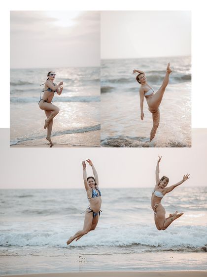A collage of energetic, joyful jumps and poses on the beach. I love capturing these high-energy moments that show freedom and happiness.