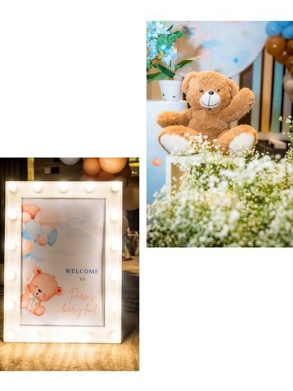 A collage showing details from the teddy bear theme, including the light-up welcome sign and a plush teddy bear sitting atop a floral arrangement.