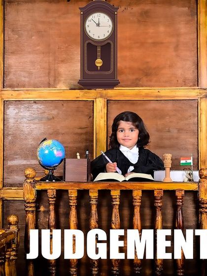 A powerful shot from the courtroom theme, with a little girl dressed as a judge, looking serious and authoritative.