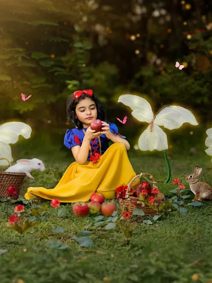 Surrounded by apples and friendly bunnies, this little princess holds an apple, perfectly embodying the classic fairytale. The lighting and props create a rich, cinematic feel.