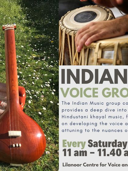 Our Indian Voice group course offers a deep dive into Hindustani khayal music. This graphic highlights our focus on voice development and ear training for students aged 16 and above.