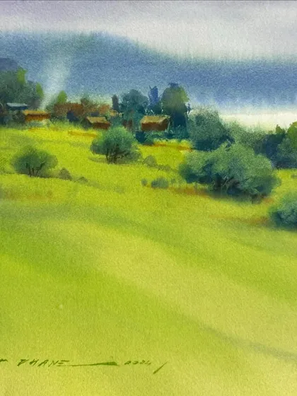 A small, serene watercolour landscape sketch, focusing on the greens of the fields and the misty hills beyond.