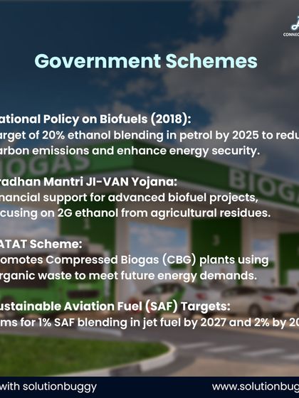 We help clients take full advantage of government schemes. This infographic lists key biofuel policies, including the National Policy on Biofuels, PM JI-VAN Yojana, and the SATAT scheme, all of which we help our clients navigate.