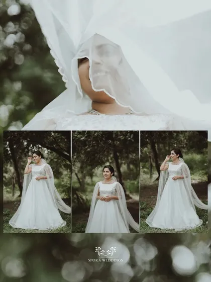 A collage of the bride in a forest setting, her veil creating beautiful, ethereal shapes around her.