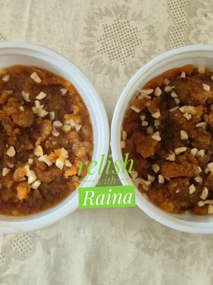 Two servings of my authentic Moong Daal Halwa. It's a lot of hard work, but the divine taste makes it completely worth it.