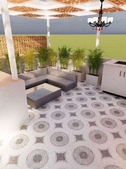 A daytime 3D render of a bright and airy terrace lounge. The design features a patterned pergola roof that casts beautiful shadows, along with an outdoor kitchen counter, making it a perfect spot for family gatherings.