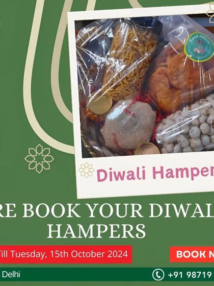 A pre-booking announcement for our Diwali hampers, showing a glimpse of a hamper packed with snacks like sev and roasted makhana.
